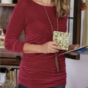 Soft Surroundings Stretch Velvet Tunic Top Ruched Sides Long Sleeve Red Sz XL